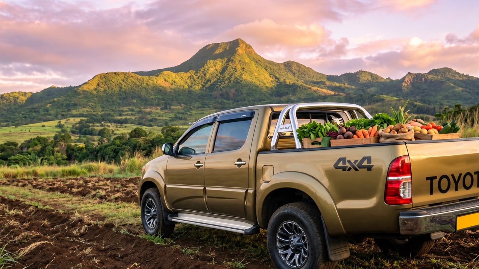 DSP FreshDrop delivery pickup carrying fresh vegetables beneath the mountains